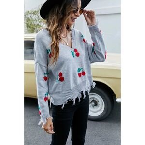 Polly & Esther Cherry Sweater V Neck Knit Pullover Distressed Gray Medium‎